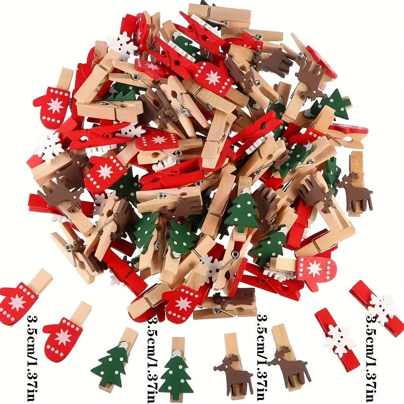 20-Pack Wooden Christmas Clip Charms - Festive Tree, Mitten, Reindeer, Snowflake Designs - Versatile Hanging Ornaments for Home, Wedding, Party Decor - No Electricity or Feathers Required