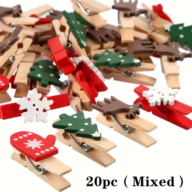 20-Pack Wooden Christmas Clip Charms - Festive Tree, Mitten, Reindeer, Snowflake Designs - Versatile Hanging Ornaments for Home, Wedding, Party Decor - No Electricity or Feathers Required