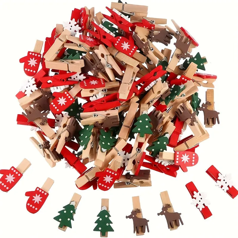 20-Pack Wooden Christmas Clip Charms - Festive Tree, Mitten, Reindeer, Snowflake Designs - Versatile Hanging Ornaments for Home, Wedding, Party Decor - No Electricity or Feathers Required