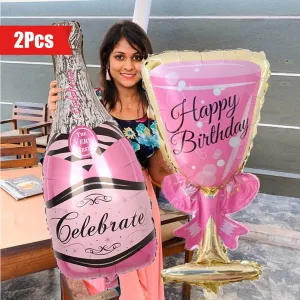 2pcs, Happy Birthday Champagne Bottle And Wine Glass Foil Balloons, Birthday Party Decorations, Photo Prop Decor, Celebration Decor, Birthday Gift, Atmosphere Arrangement, Home Decor, Scene Decor, Party Decor Supplies