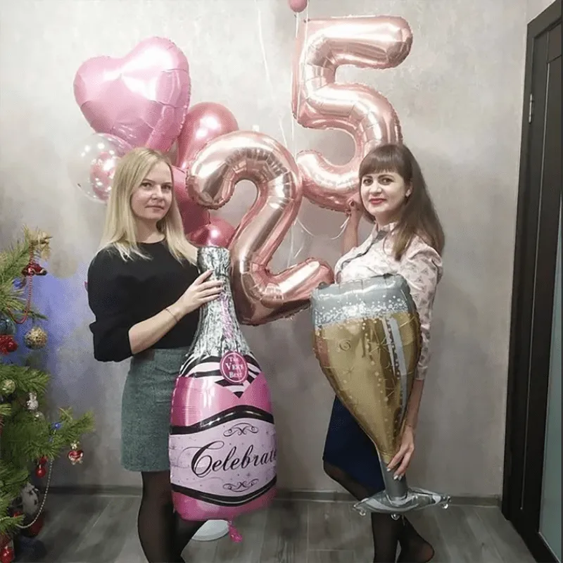 2pcs, Happy Birthday Champagne Bottle And Wine Glass Foil Balloons, Birthday Party Decorations, Photo Prop Decor, Celebration Decor, Birthday Gift, Atmosphere Arrangement, Home Decor, Scene Decor, Party Decor Supplies