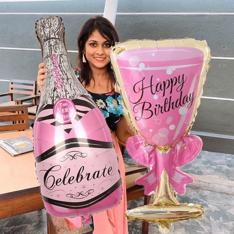 2pcs, Happy Birthday Champagne Bottle And Wine Glass Foil Balloons, Birthday Party Decorations, Photo Prop Decor, Celebration Decor, Birthday Gift, Atmosphere Arrangement, Home Decor, Scene Decor, Party Decor Supplies