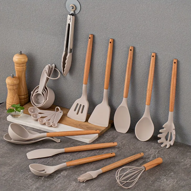 3/13/33pcs Wooden Handle Silicone Kitchenware Silicone Spoon Shovel Kitchen Gadgets Set Kitchen Cooking Tools Back To School Supplies