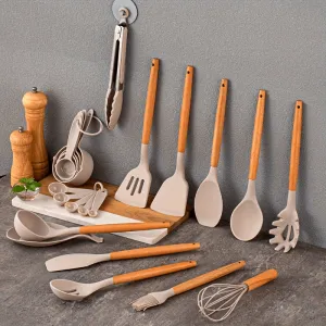 3/13/33pcs Wooden Handle Silicone Kitchenware Silicone Spoon Shovel Kitchen Gadgets Set Kitchen Cooking Tools Back To School Supplies