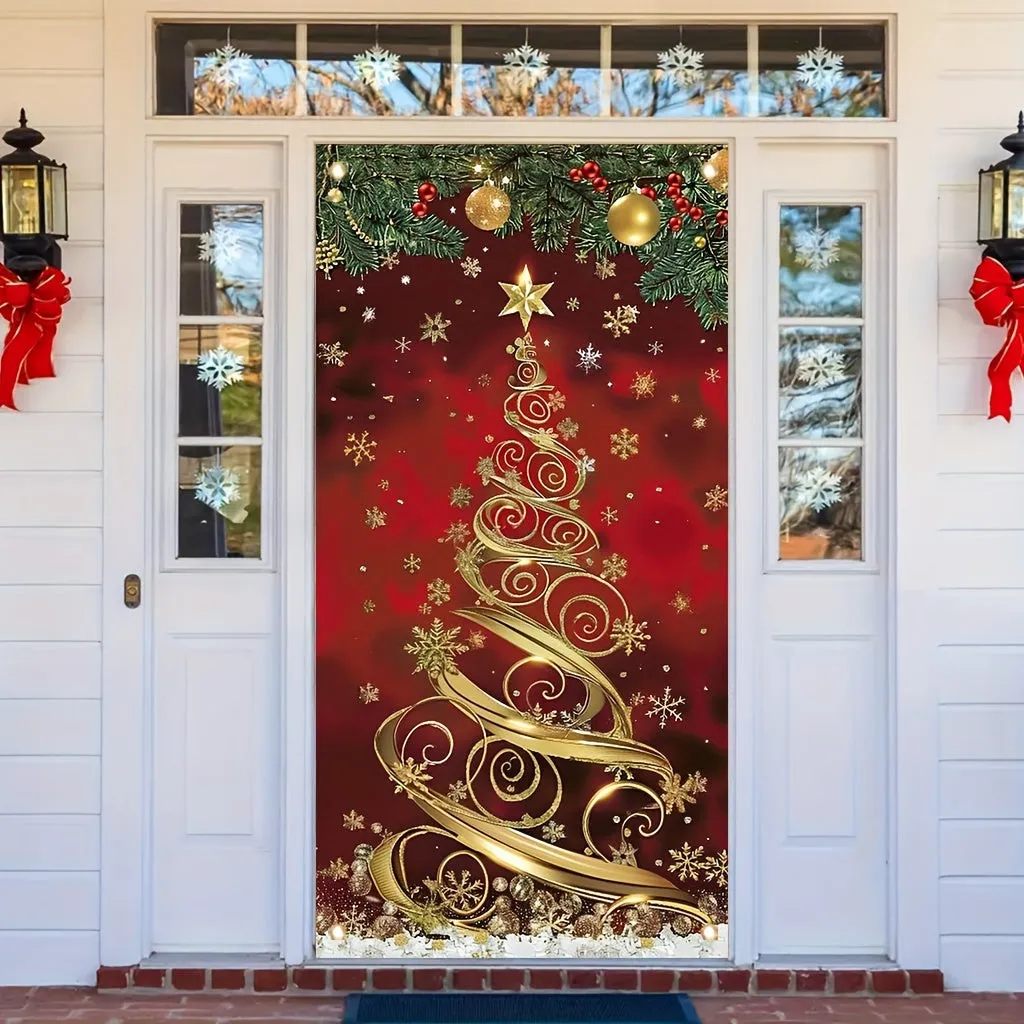 35x70 Inch Large Elegant Polyester Christmas Tree Door Banner - Festive Front Porch Decoration for Holiday & New Year Celebrations