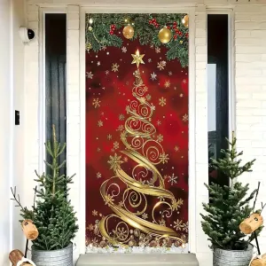 35x70 Inch Large Elegant Polyester Christmas Tree Door Banner - Festive Front Porch Decoration for Holiday & New Year Celebrations