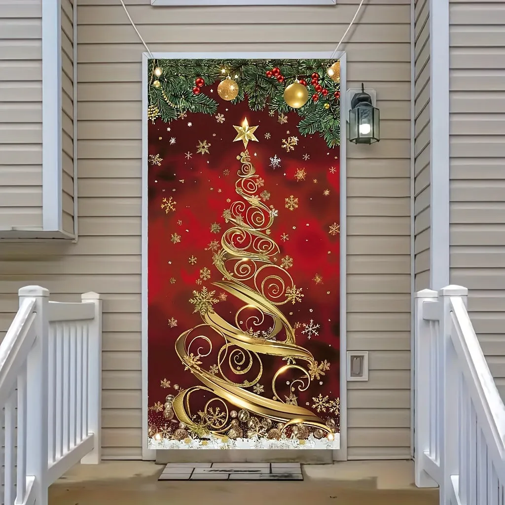35x70 Inch Large Elegant Polyester Christmas Tree Door Banner - Festive Front Porch Decoration for Holiday & New Year Celebrations