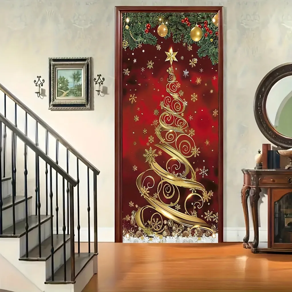 35x70 Inch Large Elegant Polyester Christmas Tree Door Banner - Festive Front Porch Decoration for Holiday & New Year Celebrations