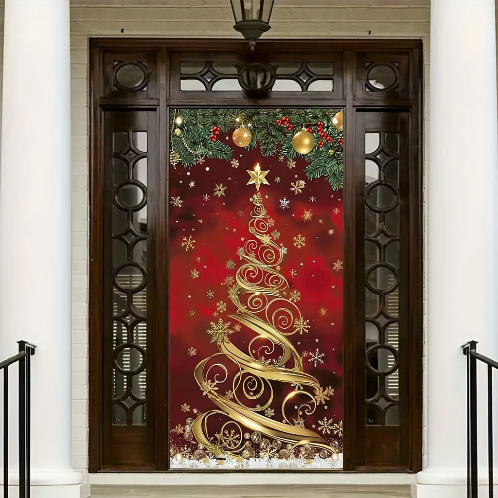 35x70 Inch Large Elegant Polyester Christmas Tree Door Banner - Festive Front Porch Decoration for Holiday & New Year Celebrations