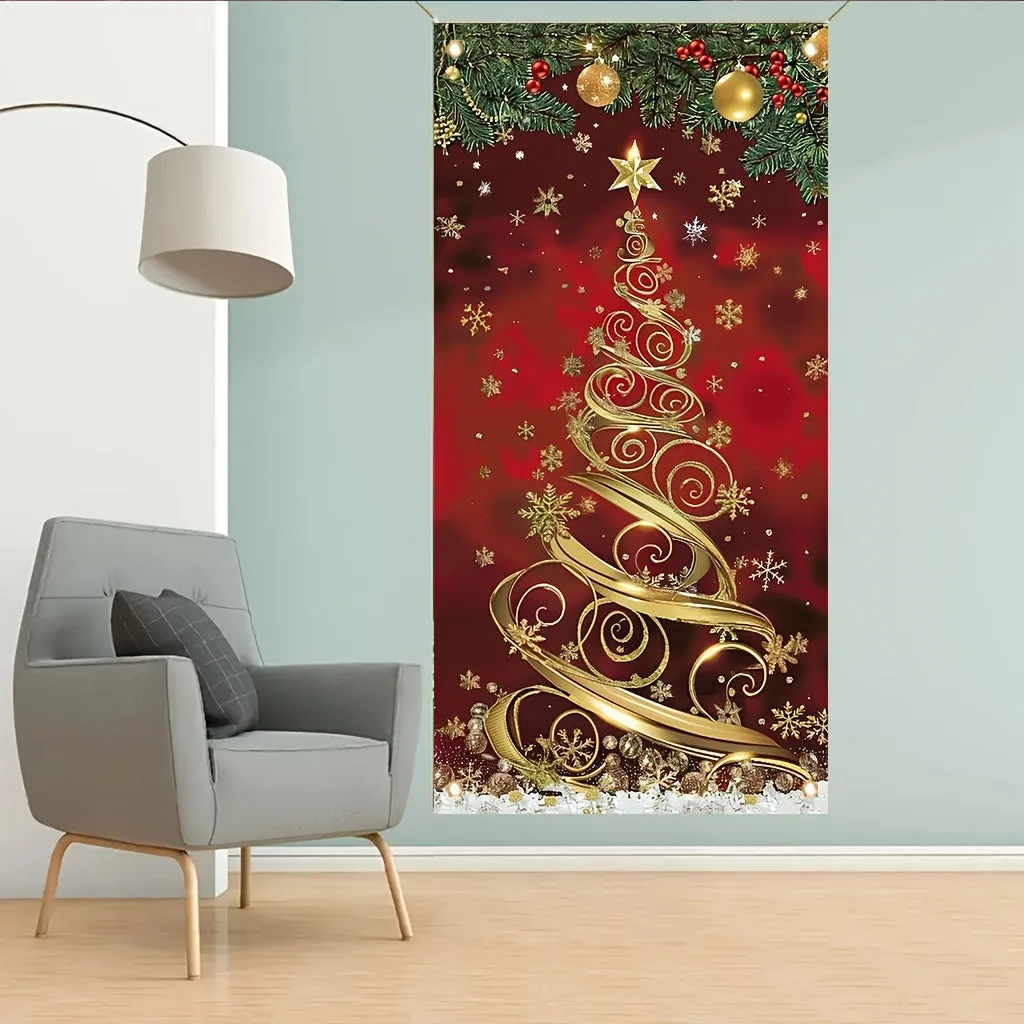35x70 Inch Large Elegant Polyester Christmas Tree Door Banner - Festive Front Porch Decoration for Holiday & New Year Celebrations