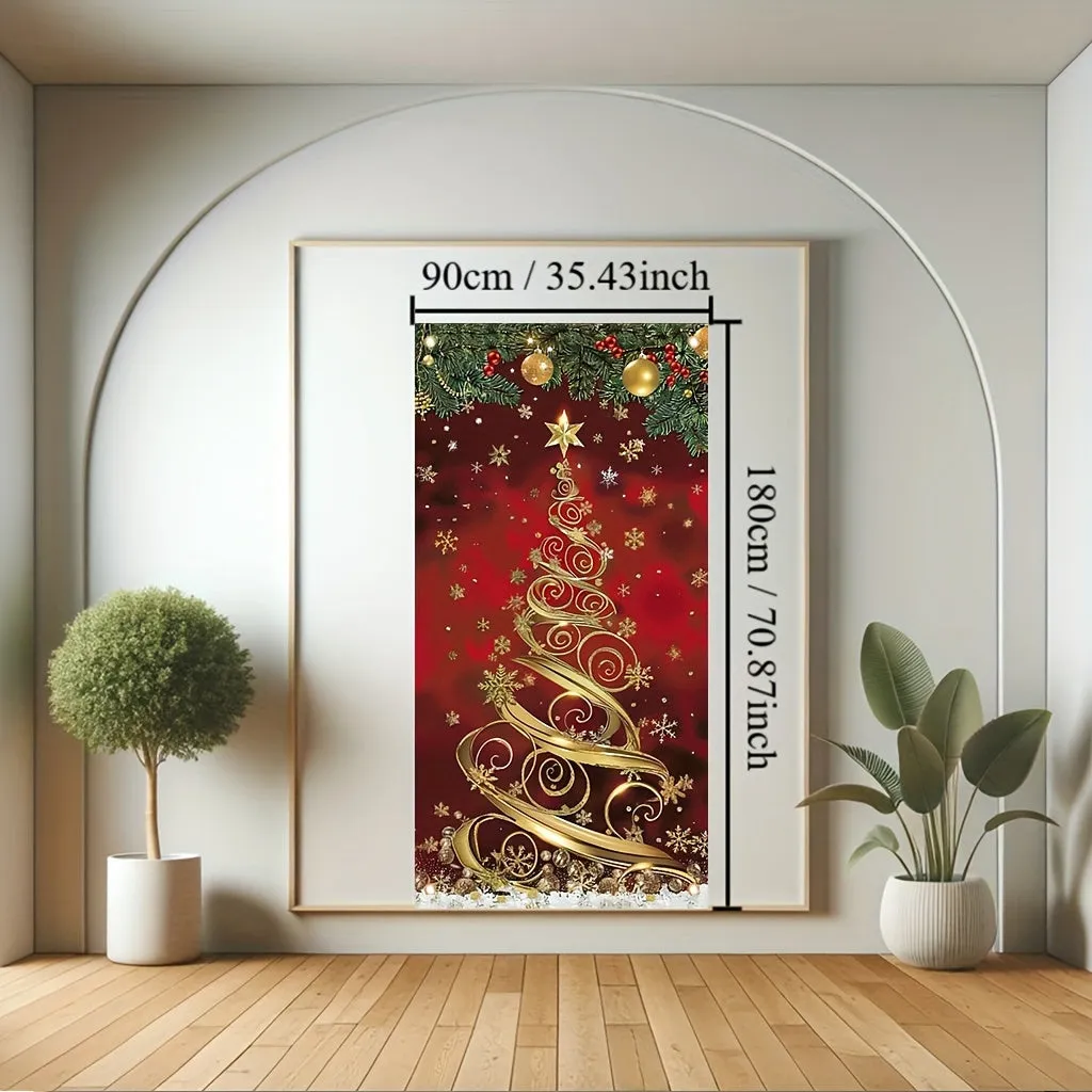 35x70 Inch Large Elegant Polyester Christmas Tree Door Banner - Festive Front Porch Decoration for Holiday & New Year Celebrations