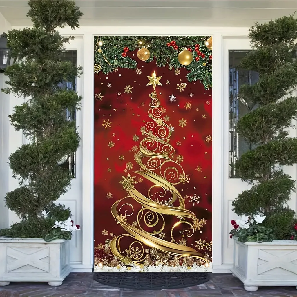 35x70 Inch Large Elegant Polyester Christmas Tree Door Banner - Festive Front Porch Decoration for Holiday & New Year Celebrations