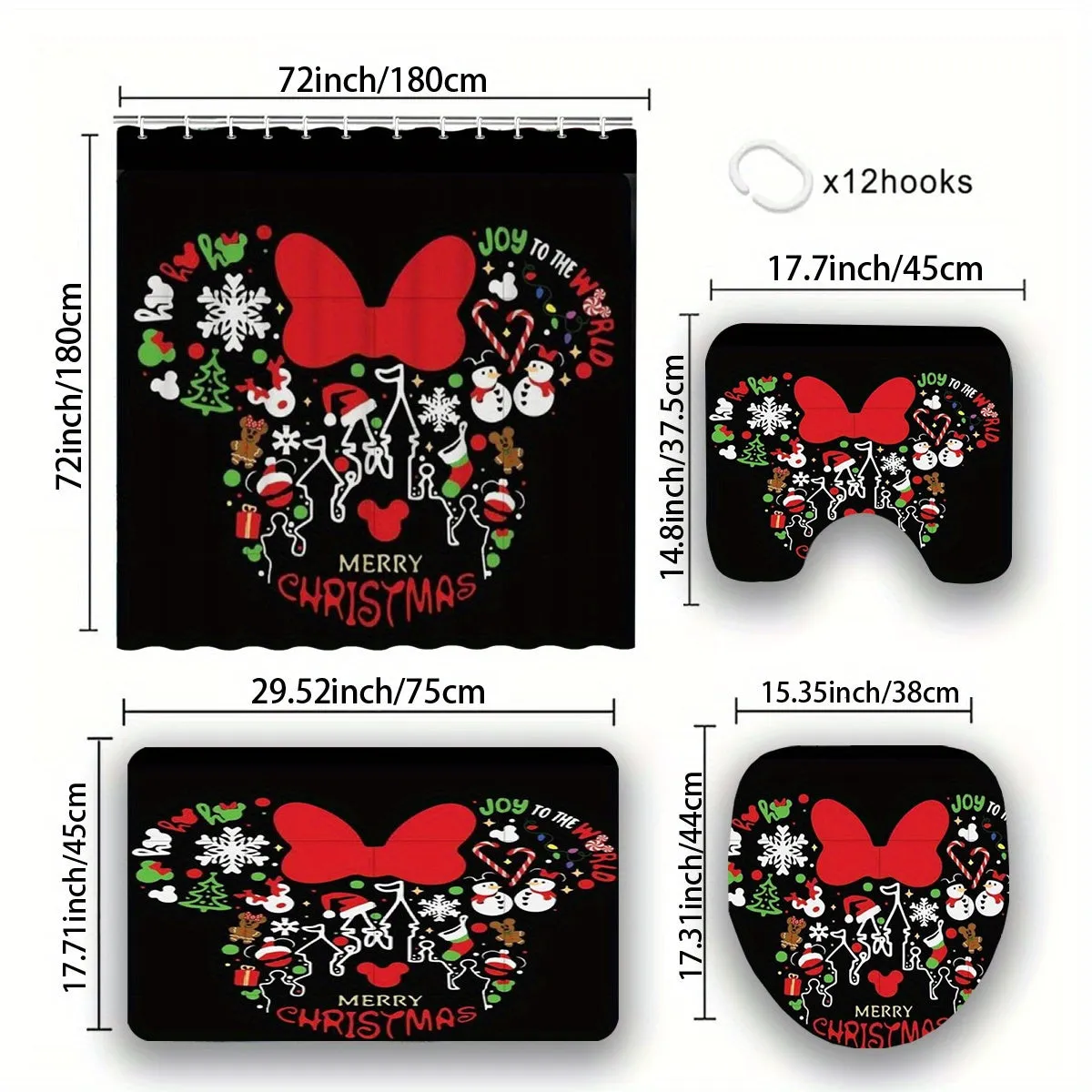 4-Piece Christmas Bathroom Set with Non-Slip Rugs, Toilet Lid Cover and Bath Mat - Festive Holiday Decor with Hooks, Polyester Bath Ensemble for Halloween and Christmas Decoration