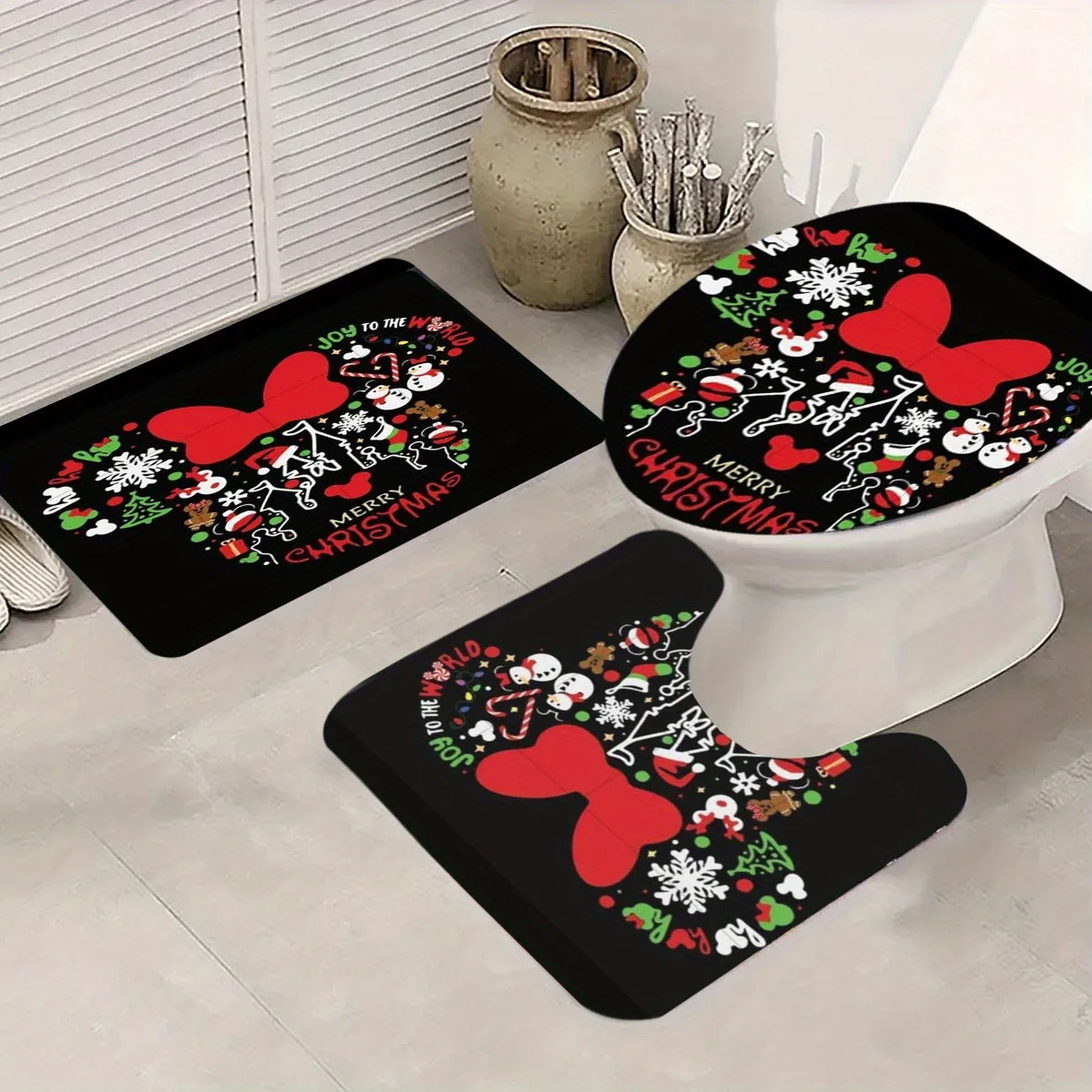4-Piece Christmas Bathroom Set with Non-Slip Rugs, Toilet Lid Cover and Bath Mat - Festive Holiday Decor with Hooks, Polyester Bath Ensemble for Halloween and Christmas Decoration
