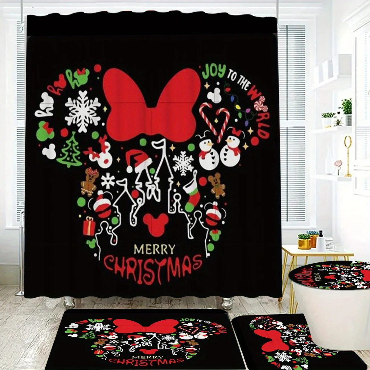 4-Piece Christmas Bathroom Set with Non-Slip Rugs, Toilet Lid Cover and Bath Mat - Festive Holiday Decor with Hooks, Polyester Bath Ensemble for Halloween and Christmas Decoration