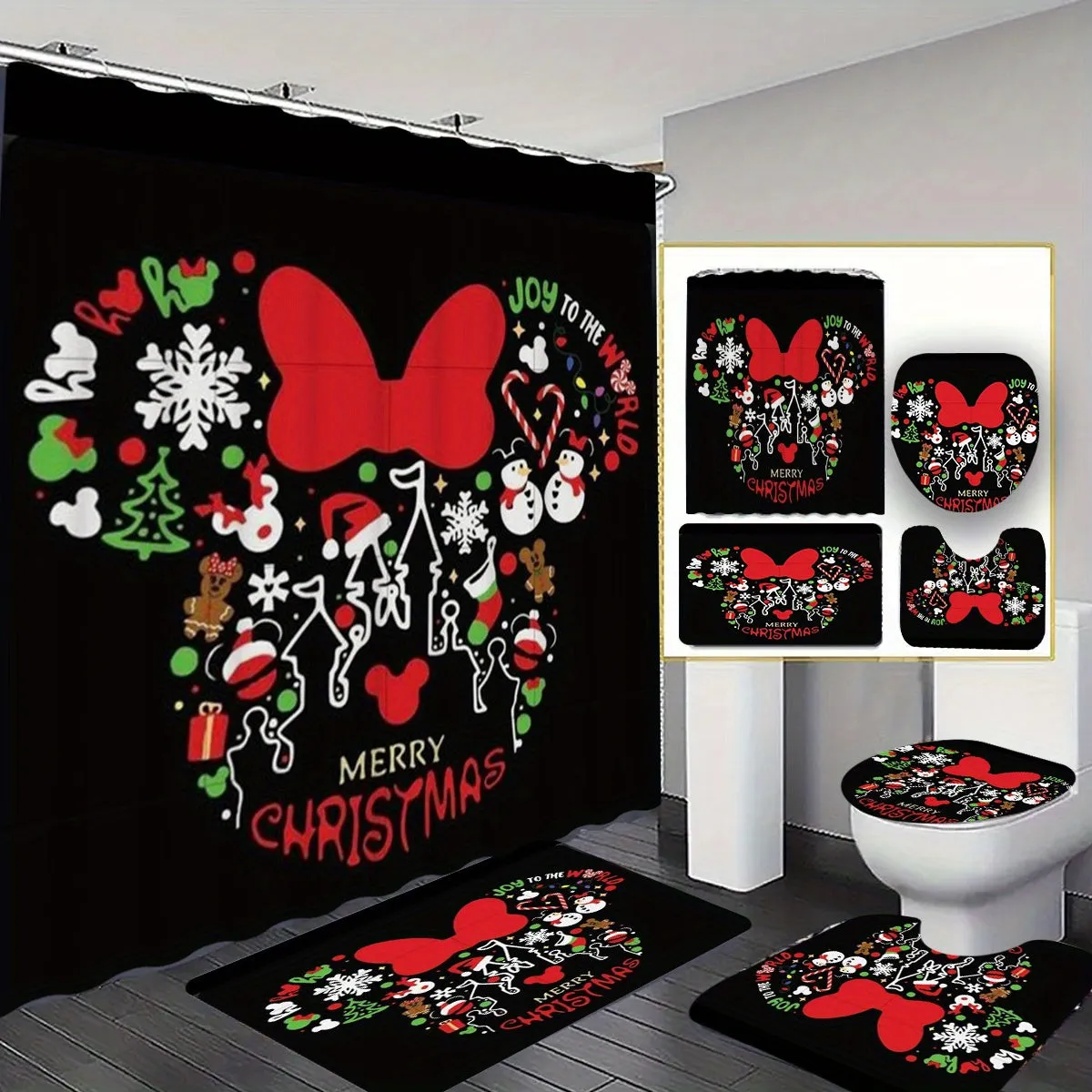 4-Piece Christmas Bathroom Set with Non-Slip Rugs, Toilet Lid Cover and Bath Mat - Festive Holiday Decor with Hooks, Polyester Bath Ensemble for Halloween and Christmas Decoration