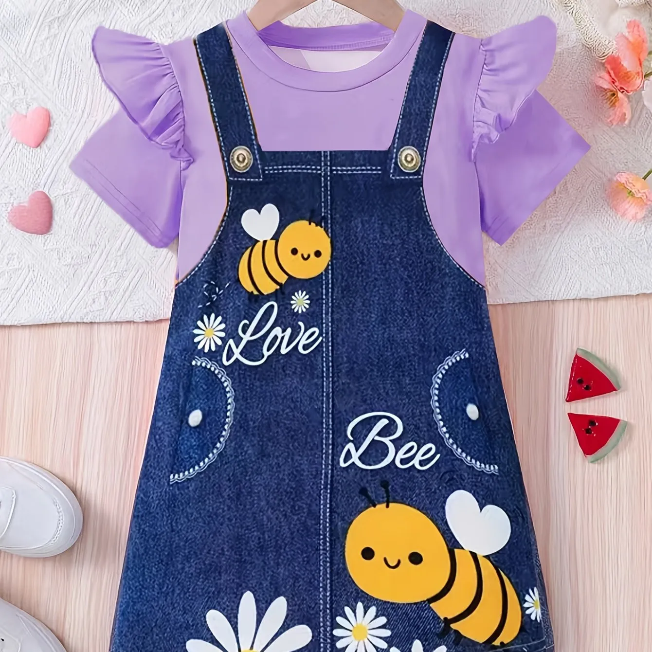 Adorable Cartoon Bee Printed Short Sleeve Dress for Girls - Soft Slight Stretch Polyester Fabric, Loose Fit, Casual Style, Perfect for Summer Outings