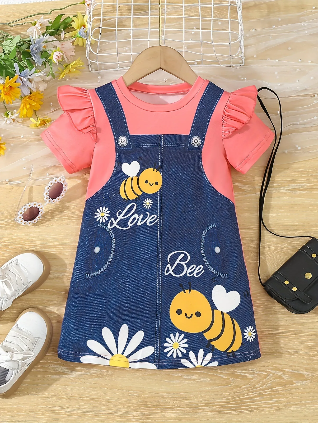 Adorable Cartoon Bee Printed Short Sleeve Dress for Girls - Soft Slight Stretch Polyester Fabric, Loose Fit, Casual Style, Perfect for Summer Outings