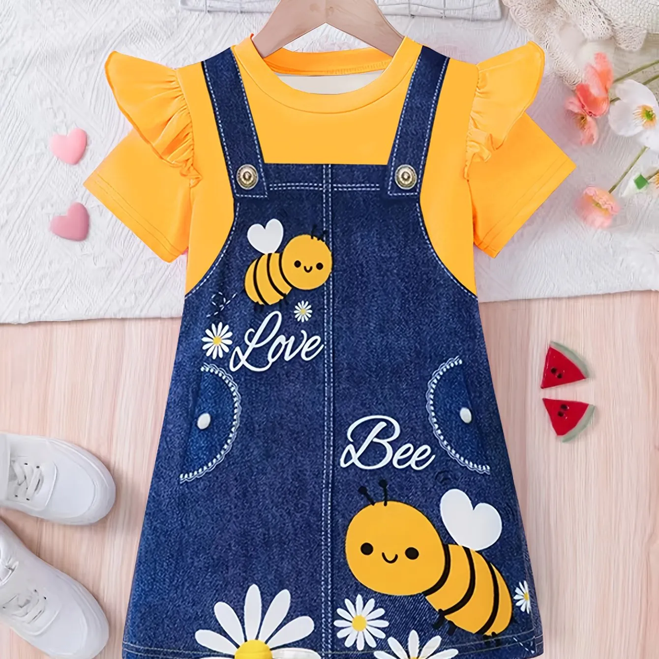 Adorable Cartoon Bee Printed Short Sleeve Dress for Girls - Soft Slight Stretch Polyester Fabric, Loose Fit, Casual Style, Perfect for Summer Outings
