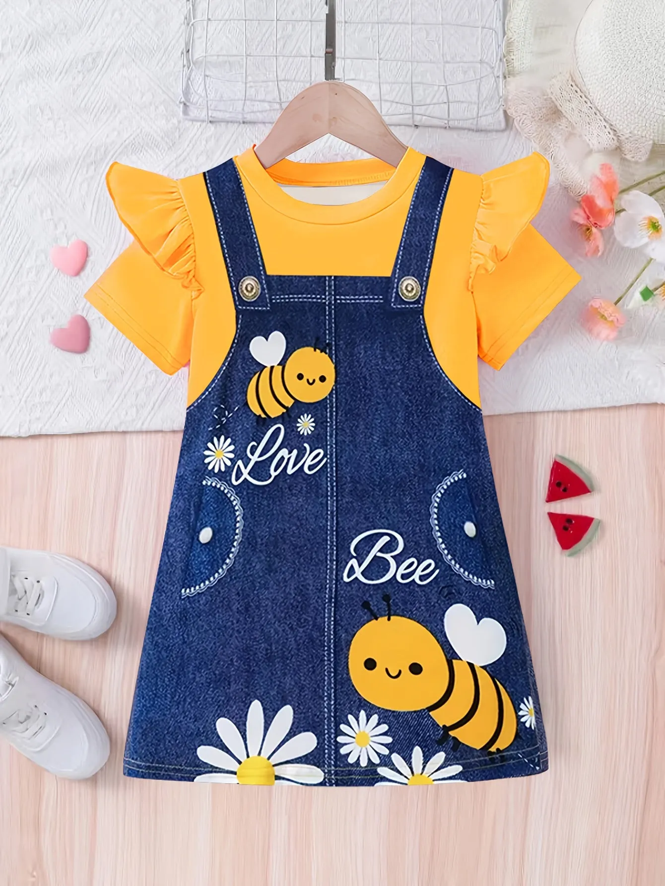 Adorable Cartoon Bee Printed Short Sleeve Dress for Girls - Soft Slight Stretch Polyester Fabric, Loose Fit, Casual Style, Perfect for Summer Outings