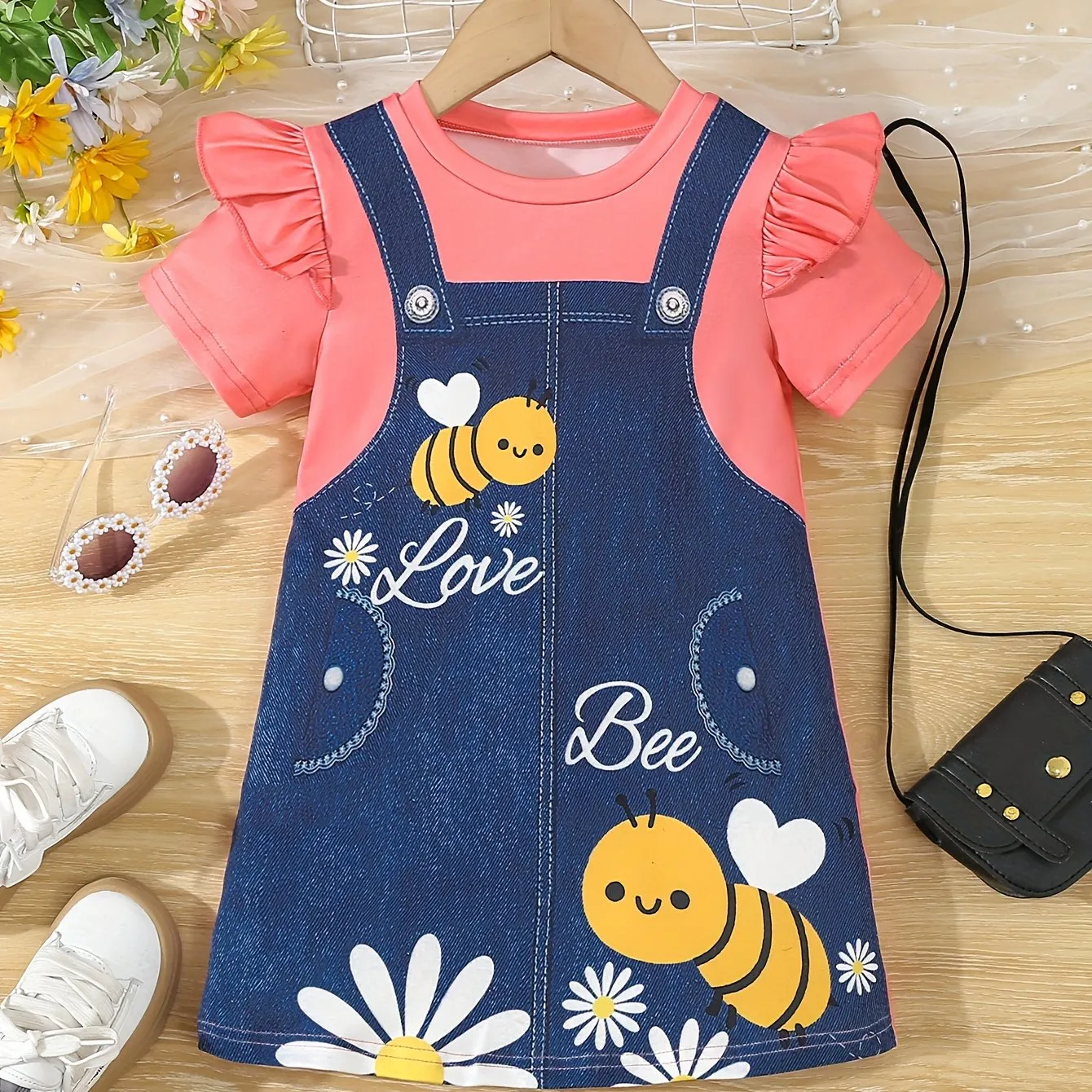 Adorable Cartoon Bee Printed Short Sleeve Dress for Girls - Soft Slight Stretch Polyester Fabric, Loose Fit, Casual Style, Perfect for Summer Outings