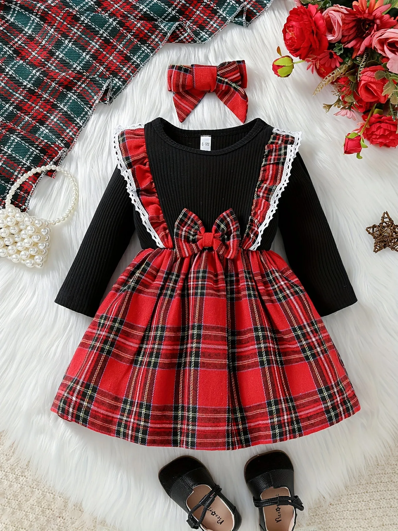Adorable Princess Dress - Long Sleeve, Lattice Print, Bow Tie, Christmas Themed, Cute and Festive Outfit for Infant Girls