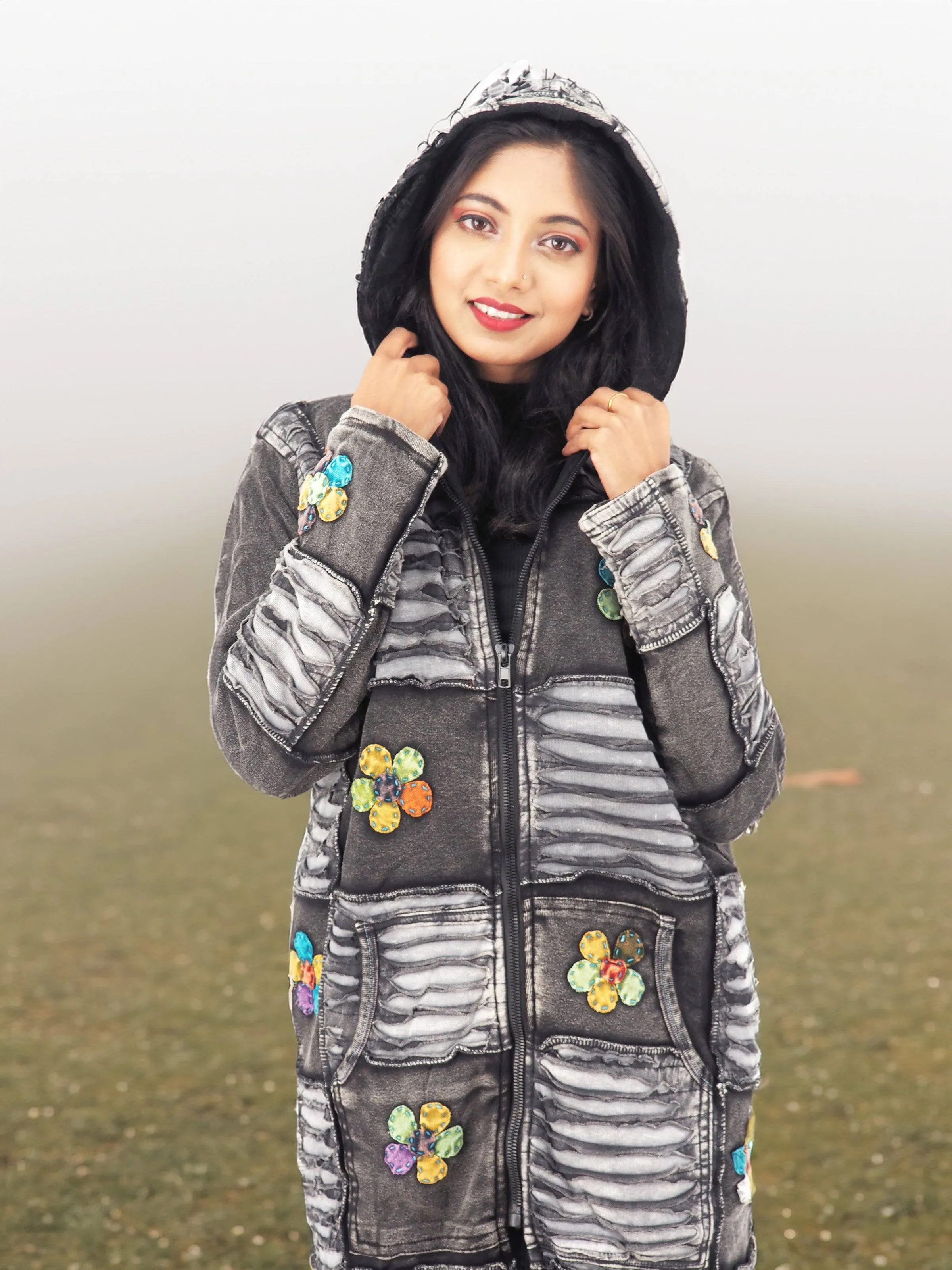 Handmade Patchwork Boho Hoodie 100% Pre-Washed Cotton Black Tones S-M-L-XL